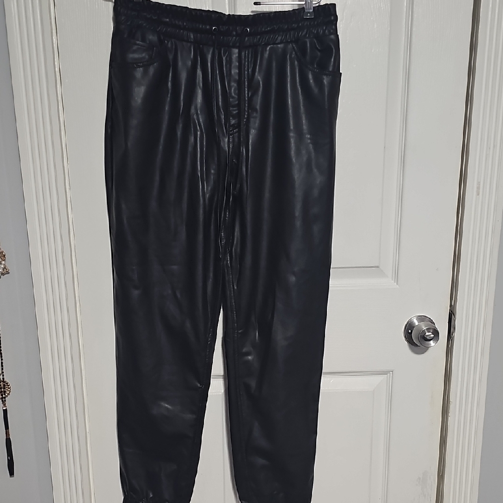Express Black  vegan leatherJoggers with Elastic Waistband and Tapered Legs